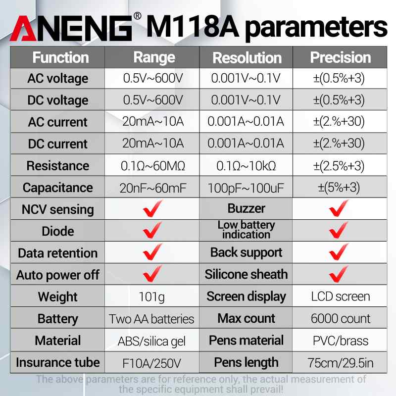 Цифров мултицет ANENG M118A с голям дисплей, фазомер и фенерче