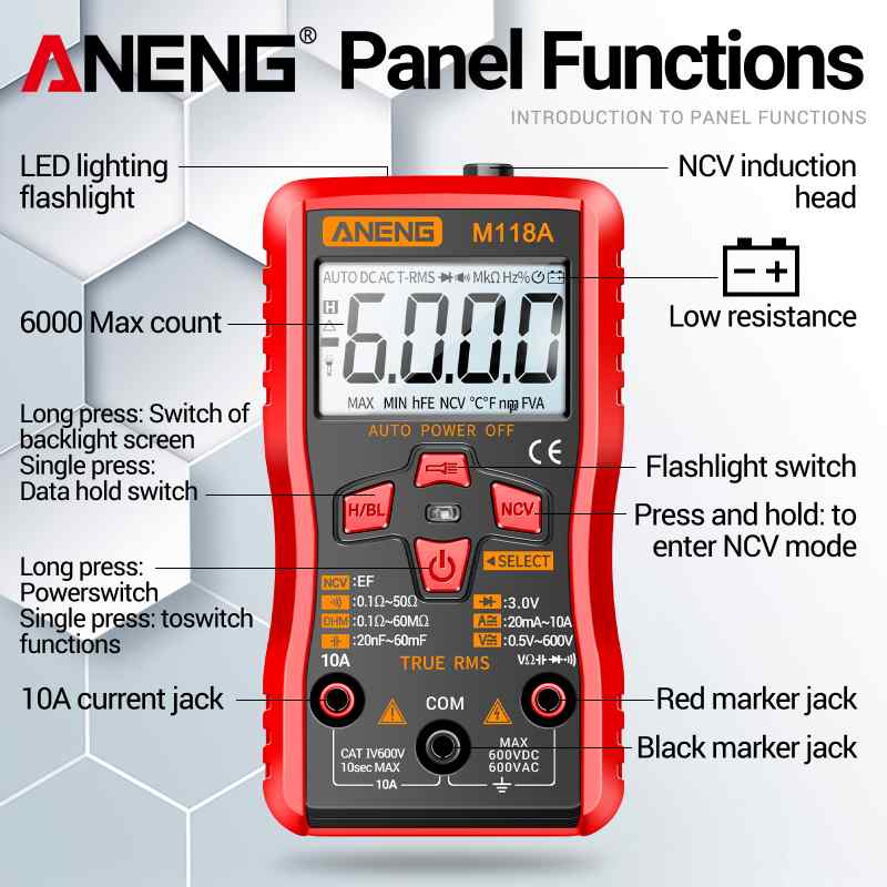 Цифров мултицет ANENG M118A с голям дисплей, фазомер и фенерче