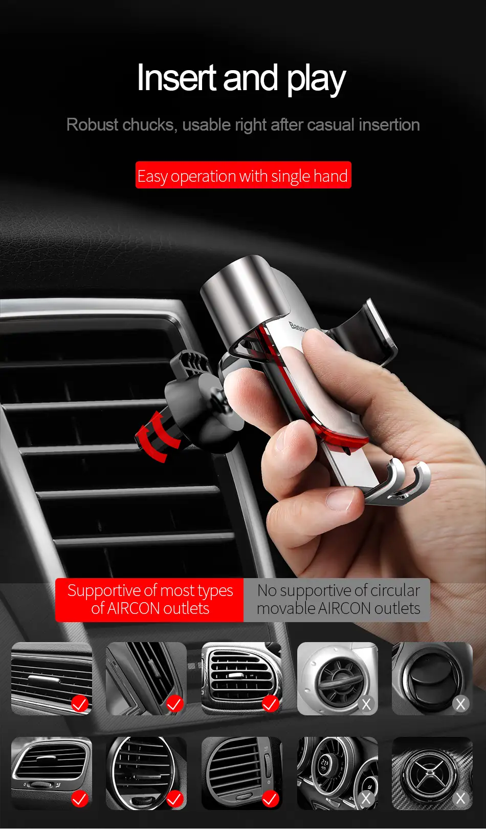 Baseus Gravitational Car Holder on Ventilation Grid стойка за телефон монтирана на вентилационната решетка на автомобил