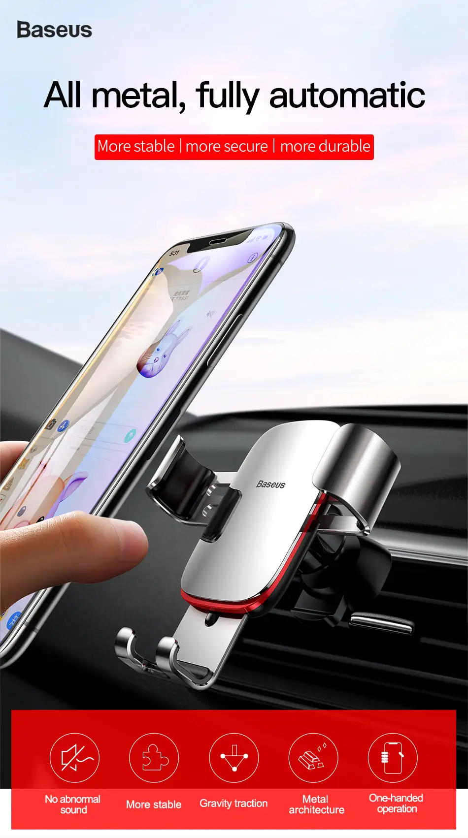 Baseus Gravitational Car Holder on Ventilation Grid стойка за телефон монтирана на вентилационната решетка на автомобил