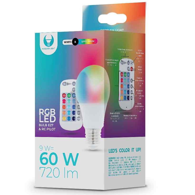 Цветна LED крушка с IR дистанционно E27 A60 RGB 9W Forever Light