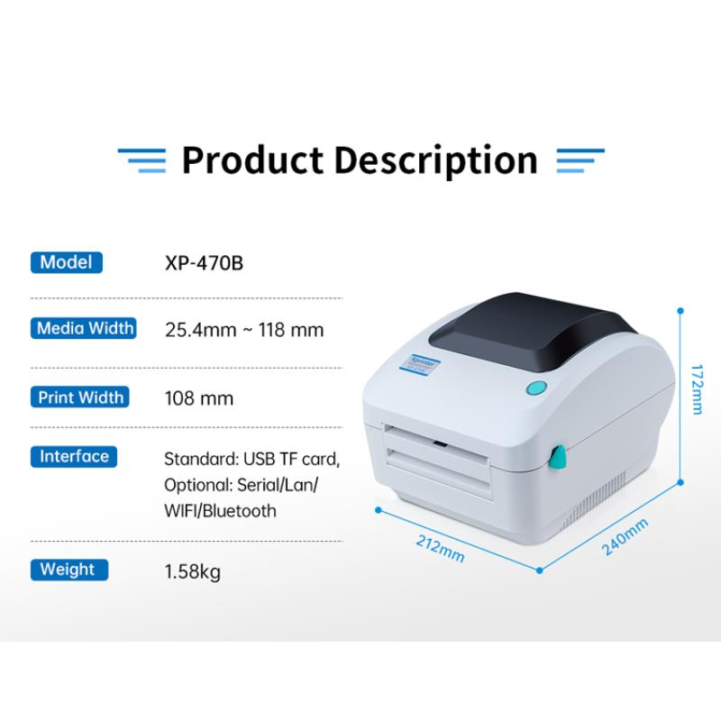 Термодиректен принтер Xprinter XP-470B за печат на баркод и ценови етикети, товарителници за куриерски пратки