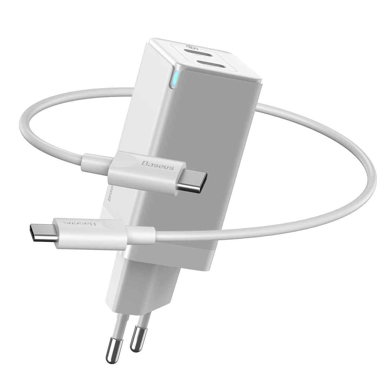Бързо зарядно с кабел Baseus GaN2 USB-C USB-C 45W EU бяло