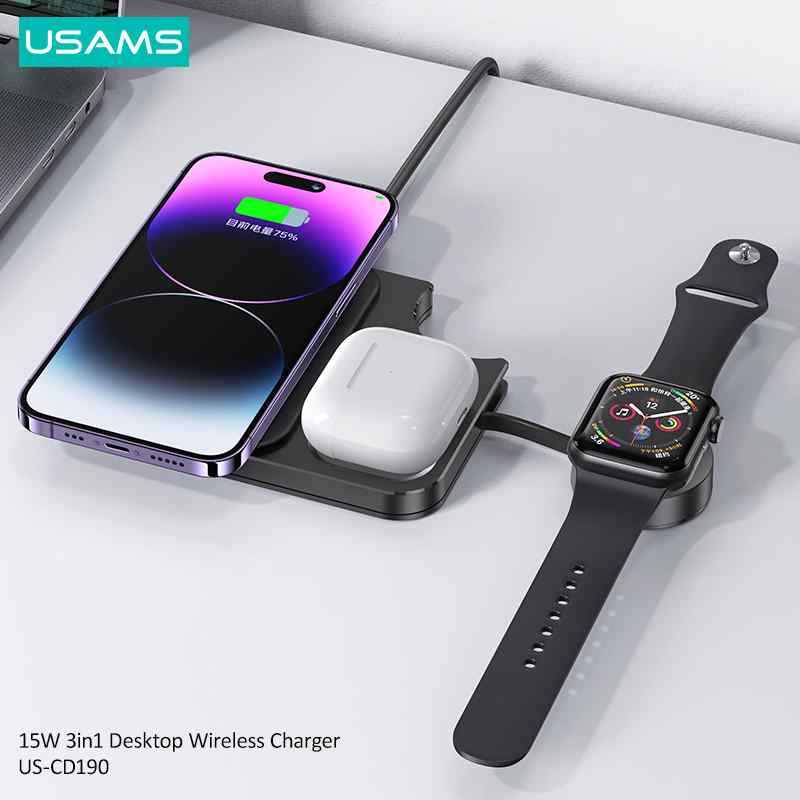 3в1 безжично зарядно за Apple Watch/телефони/слушалки USAMS CD190
